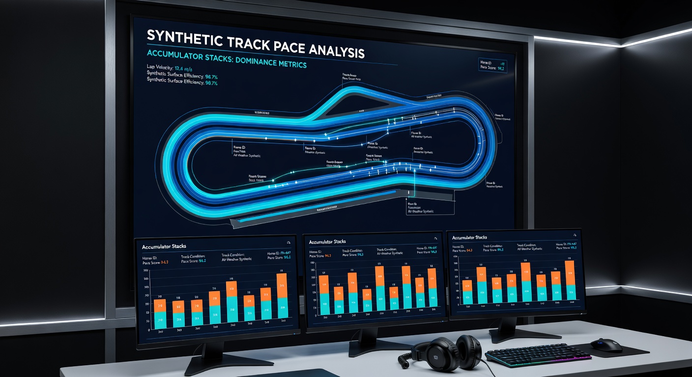 Close-up of a horse surging ahead as front-runner on a floodlit all-weather track, with pace notation overlays indicating early speed dominance