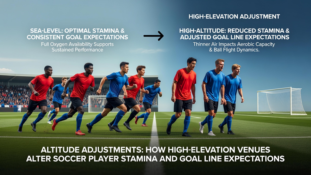 High-elevation soccer pitch at sunset with distant mountains, showing thin air conditions affecting player performance