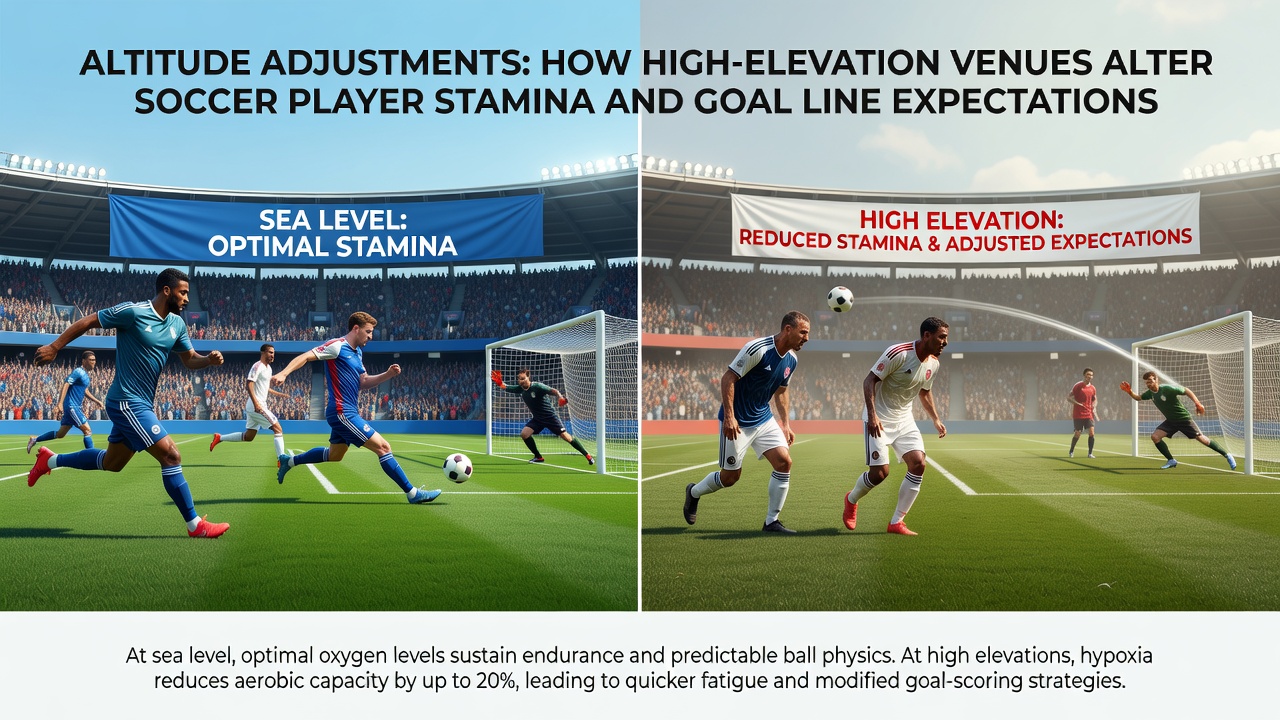 Soccer players showing visible fatigue during a high-altitude match, with medical staff monitoring on the sideline