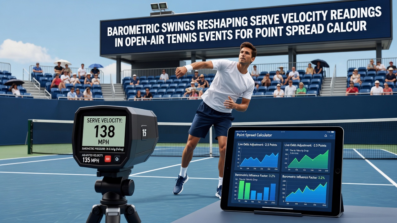 Close-up of tennis ball in flight on an outdoor court with barometric pressure chart superimposed