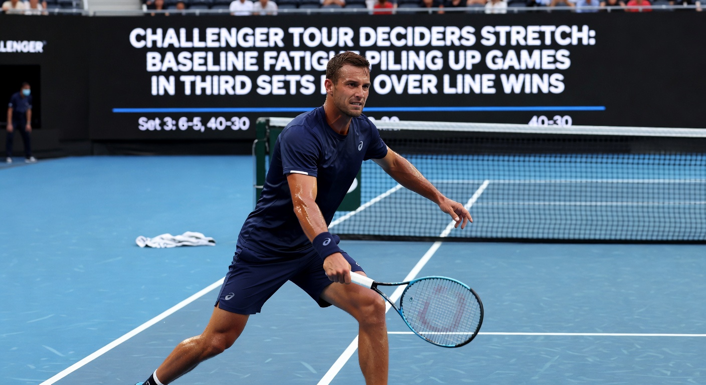 Close-up of a Challenger match scoreboard showing a third set locked at 5-5, with games piling up amid exhausted players