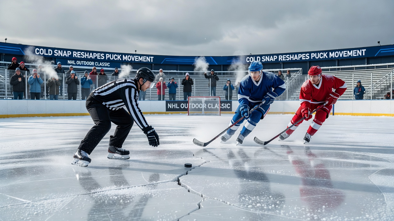 Close-up view of NHL players skating on outdoor ice rink with visible temperature effects on the surface