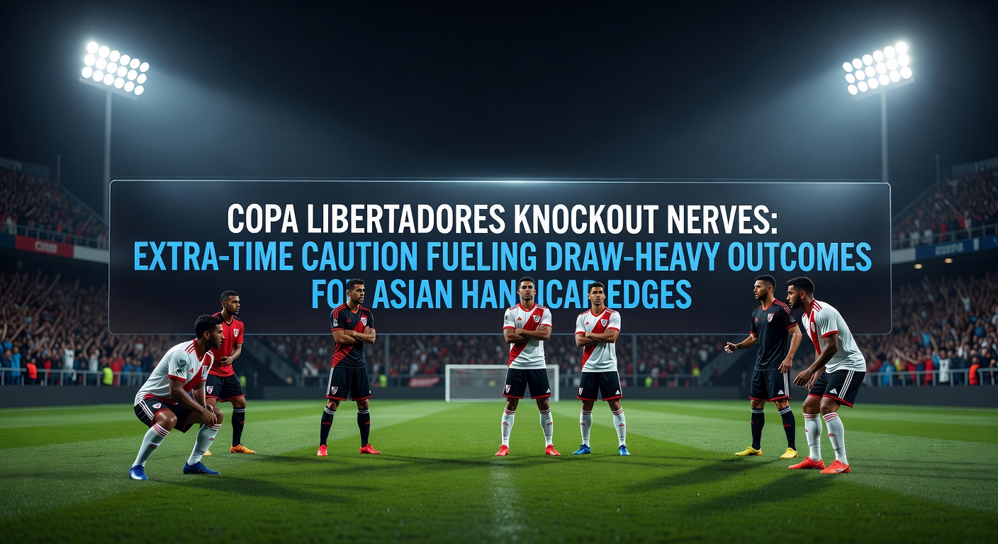 Tense moment in Copa Libertadores knockout extra time as players huddle cautiously, stadium lights glaring under night sky