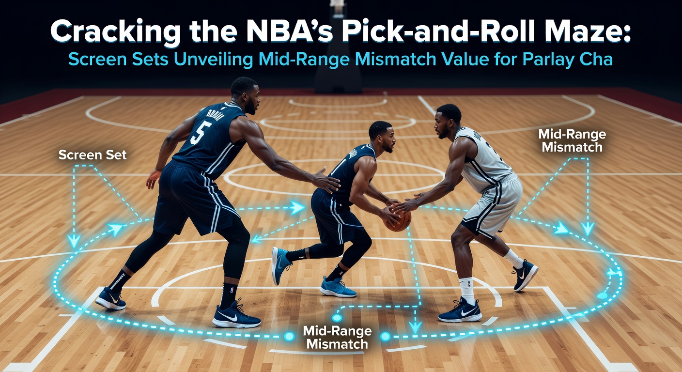 Close-up of an NBA mid-range jumper off a pick-and-roll mismatch, with defender trailing and shooter rising for the shot