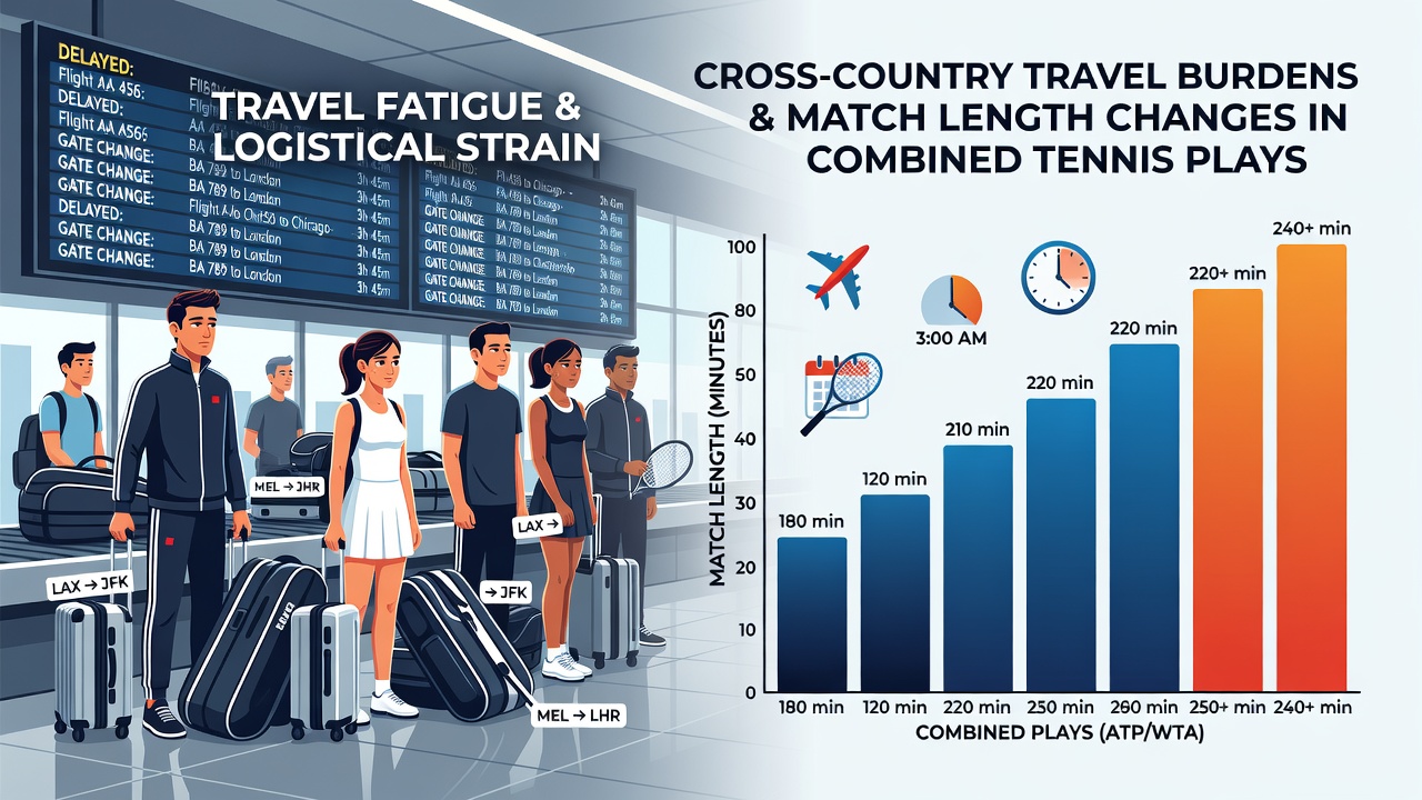 Tennis professionals navigating airport terminals during extensive cross-country schedules