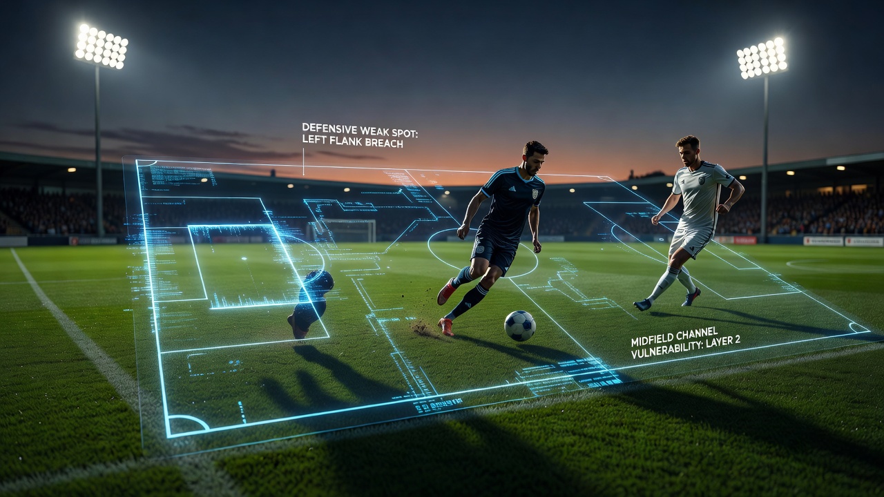 Floodlit soccer pitch showing evening match conditions and defensive formations under artificial lighting