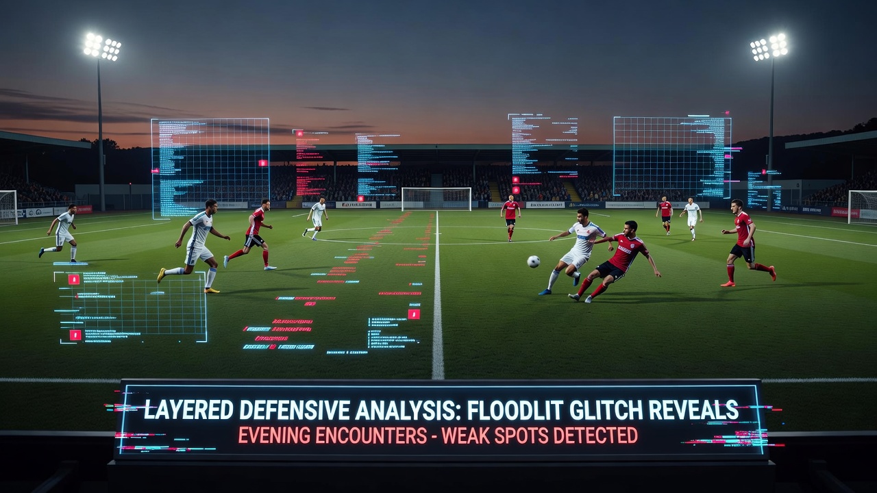 Close-up of soccer players tracking the ball under floodlights during an evening match