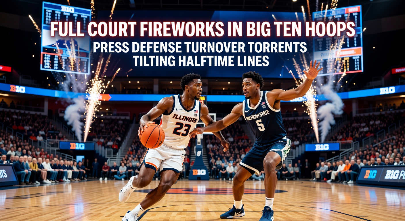 Big Ten players swarming with a full-court press, forcing a turnover in a packed arena
