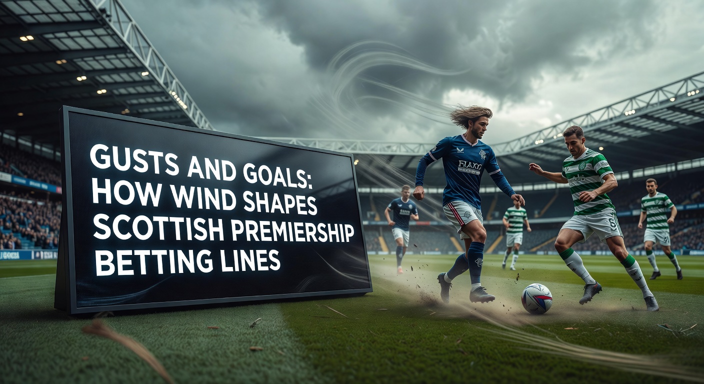 A dramatic Scottish Premiership match where strong winds whip across the pitch, bending a corner kick mid-air toward the goal