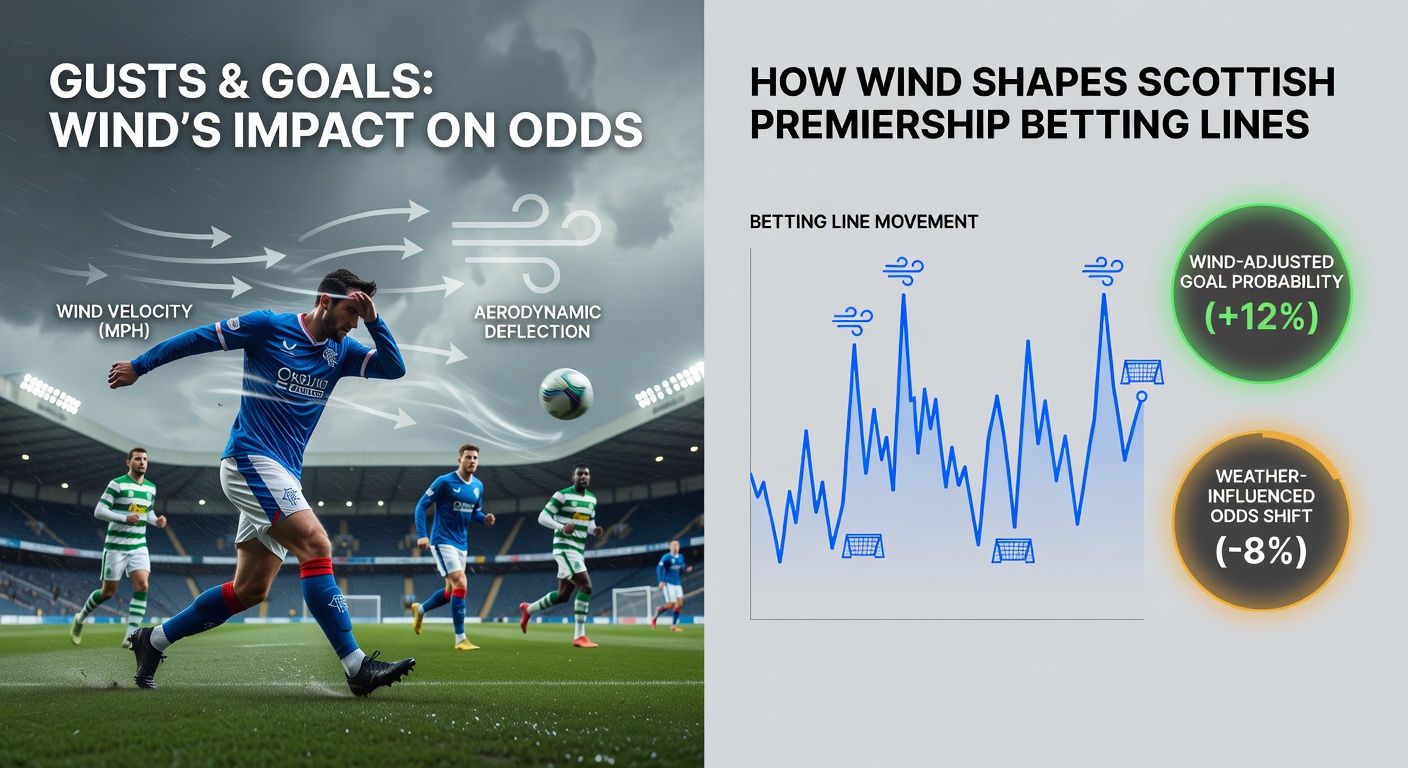 Players struggling against fierce winds at Pittodrie Stadium during a Scottish Premiership clash, with the ball visibly curving off course amid flying corner flags