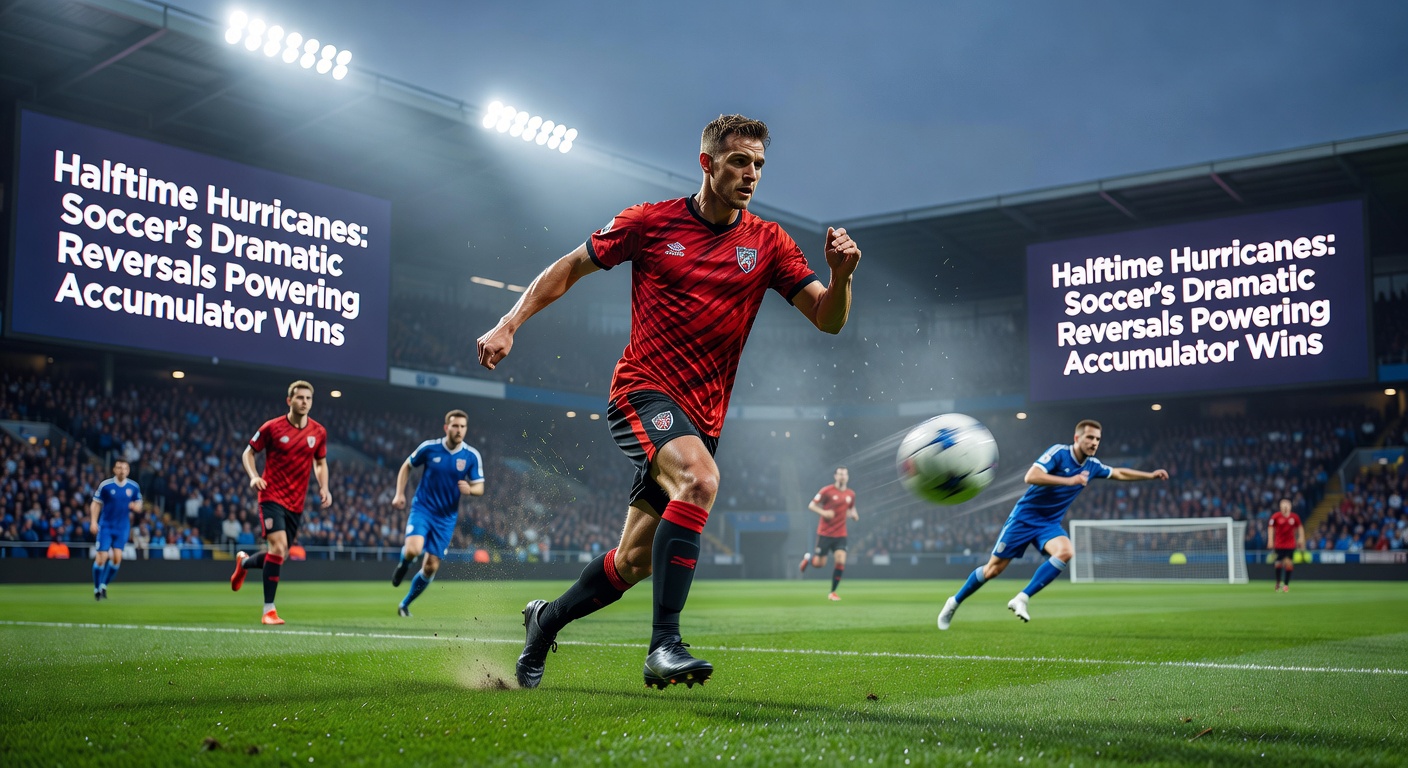 A soccer stadium erupts as a trailing team scores a dramatic second-half equalizer during a high-stakes match, capturing the essence of a halftime hurricane reversal