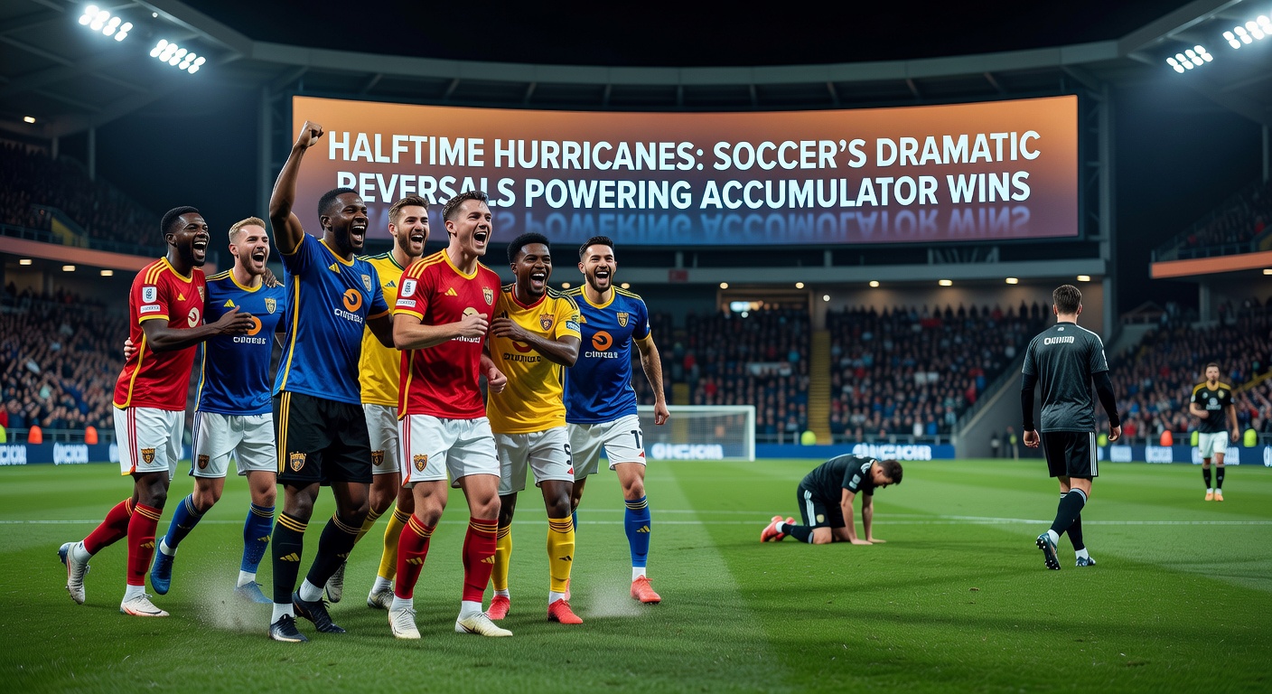 Graph overlay on a soccer pitch showing halftime scorelines flipping to full-time upsets, highlighting key leagues' reversal rates