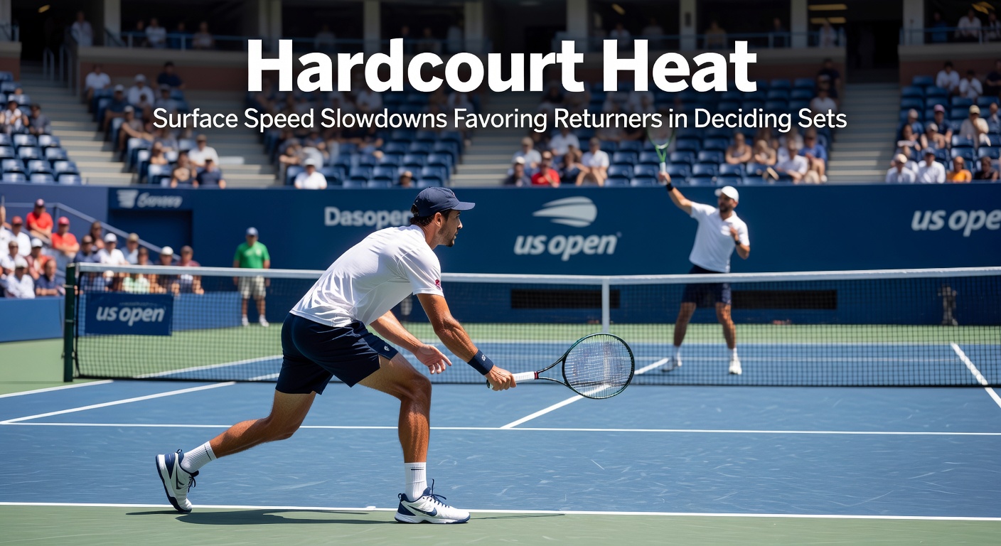 US Open hardcourt under intense summer heat, showing players in a grueling deciding set rally