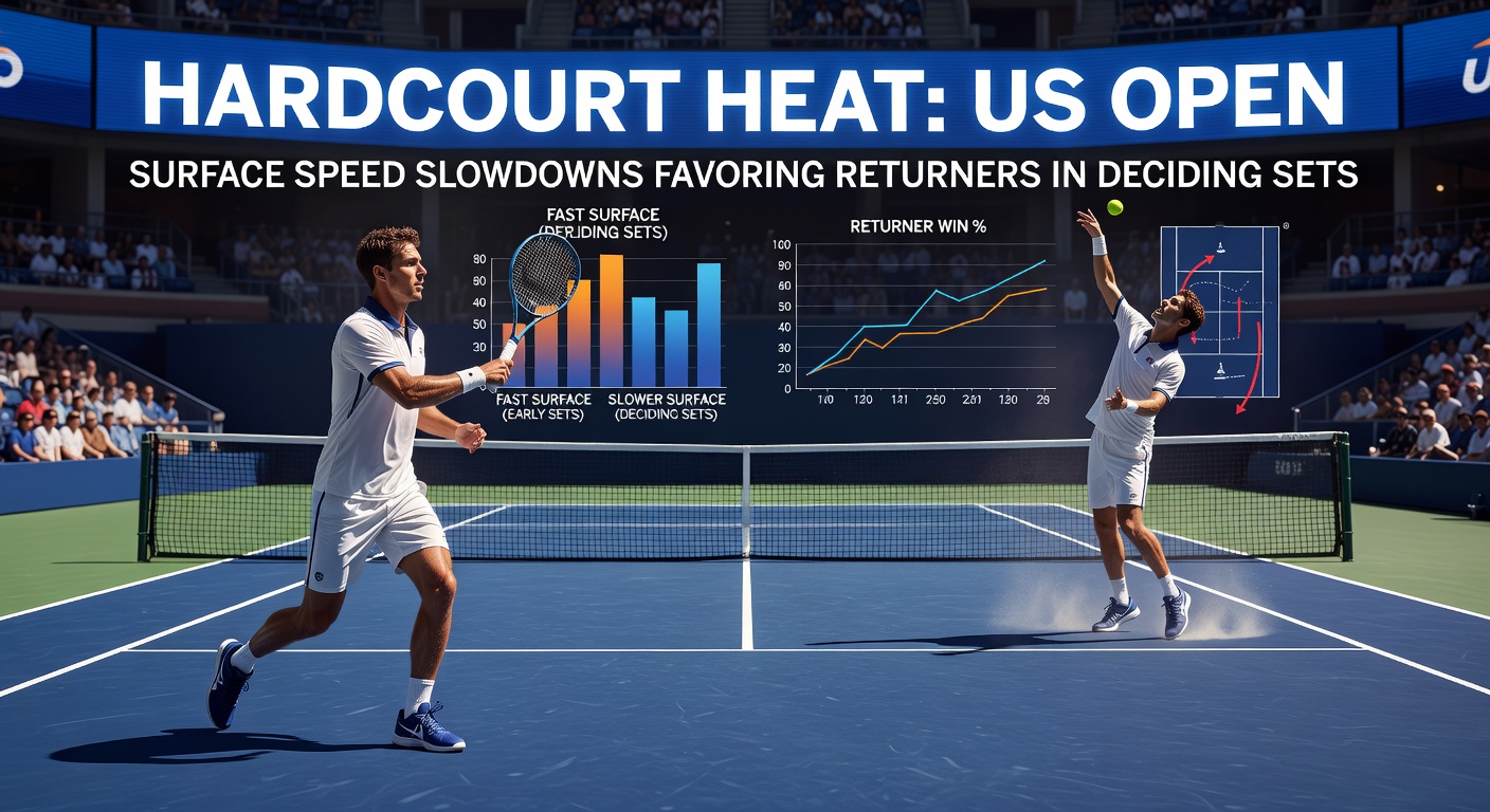 Close-up of a US Open returner lunging for a slowed-down serve in a deciding set under blazing lights and heat