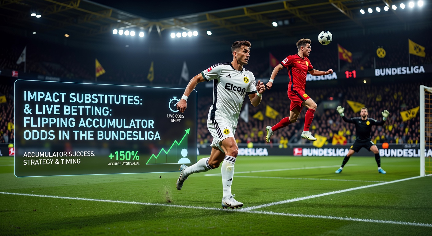 A Bundesliga substitute sprints onto the pitch during a tense late-game moment, crowd roaring in anticipation as odds shift dramatically on live betting boards