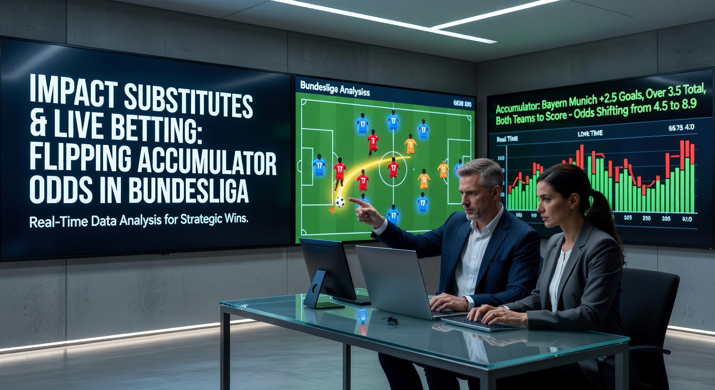 Live betting screen capturing odds plunge after a Bundesliga impact sub scores, with accumulator payouts highlighted amid cheering fans
