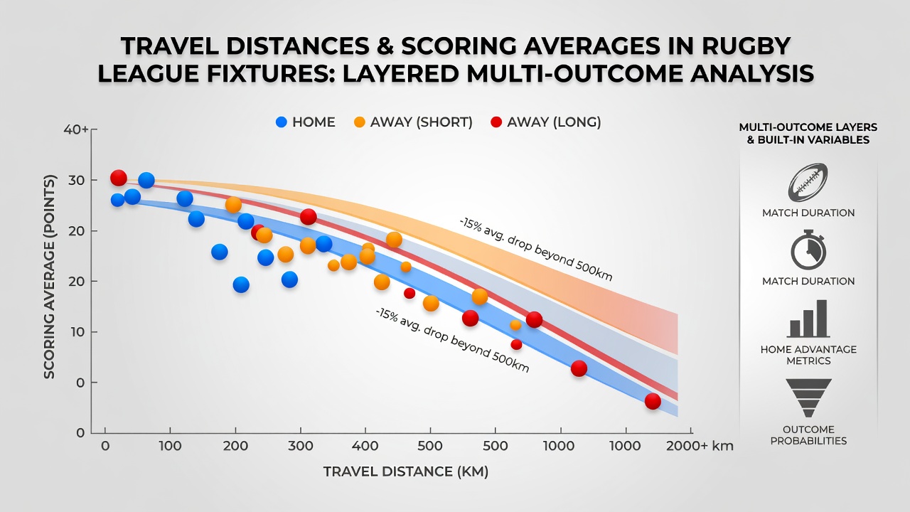 Rugby league match statistics chart displaying scoring averages versus travel distance data