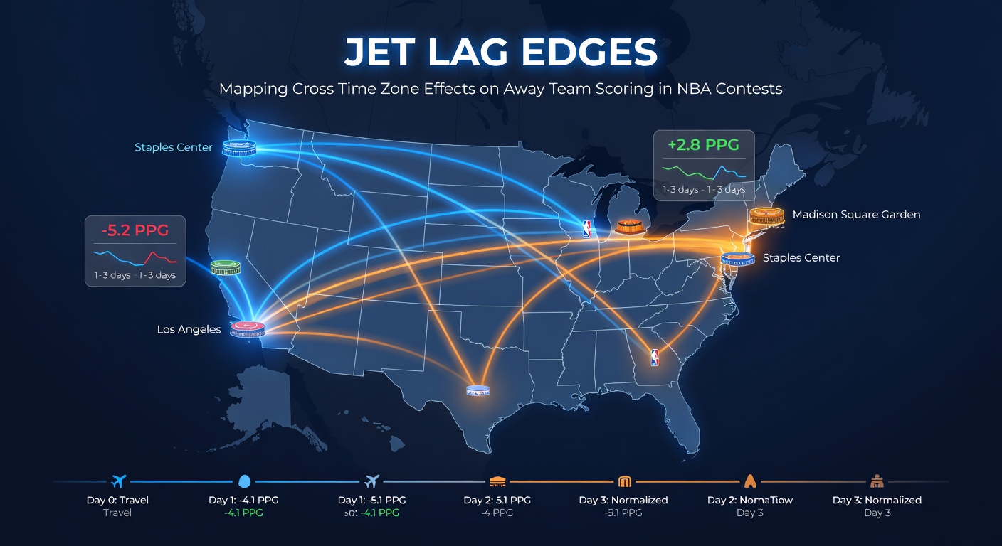 NBA arena view showing time zone travel indicators and away team bench during cross-country games