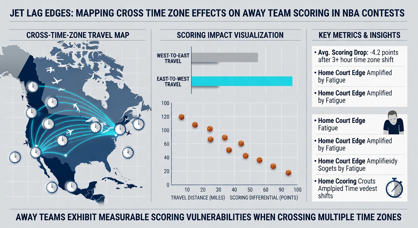 Chart displaying NBA away team scoring averages by time zones traveled during the 2025 season