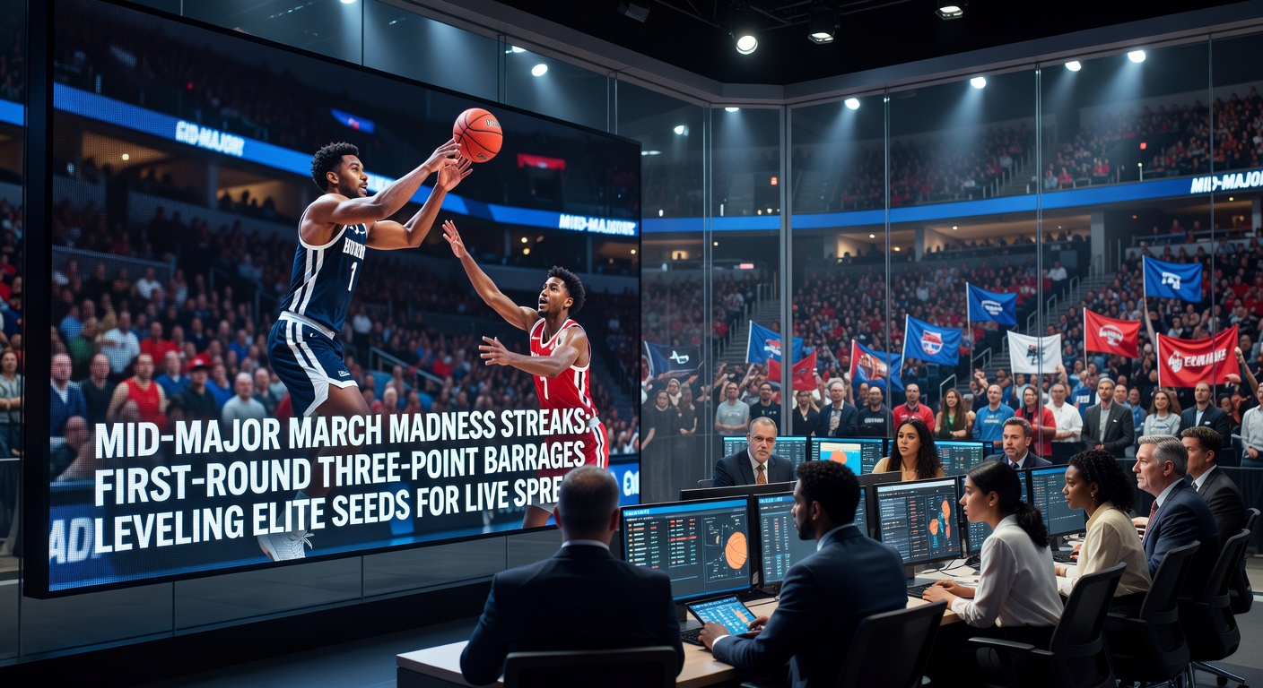 Chart illustrating three-point shooting percentages for mid-majors versus elite seeds in first-round NCAA tournament games over the past decade