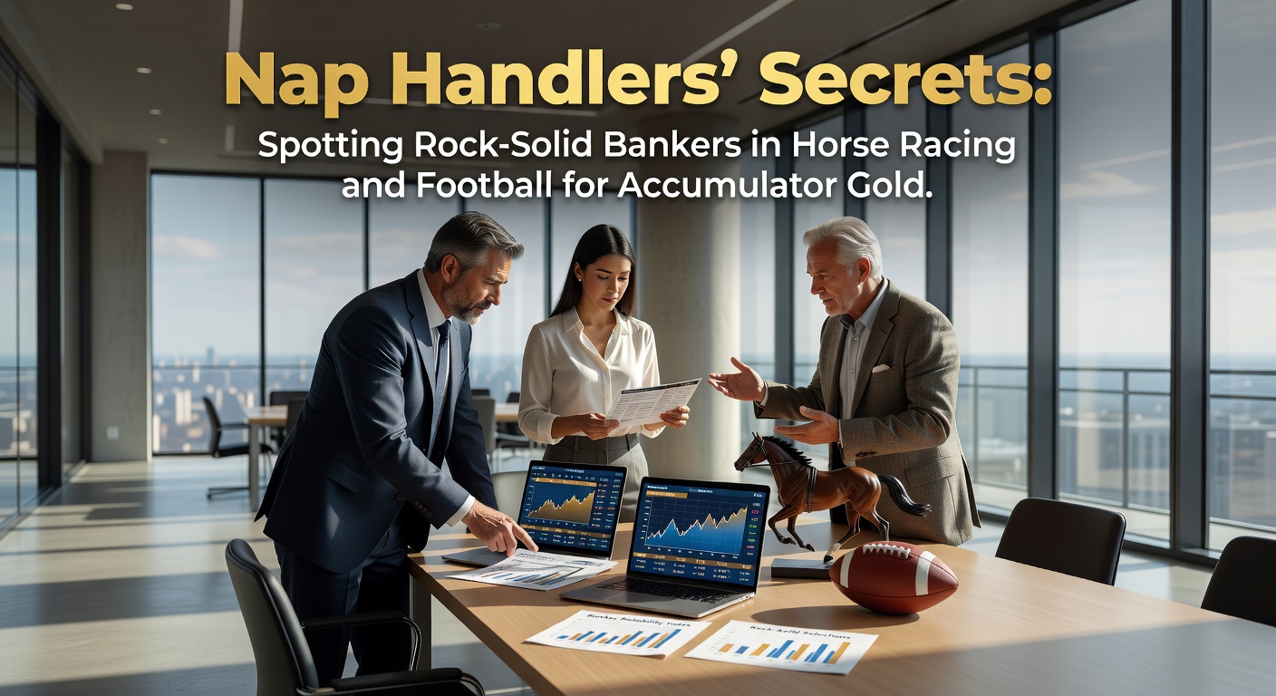 A nap handler reviewing racecards and football stats under focused lighting, highlighting key banker selections for accumulators
