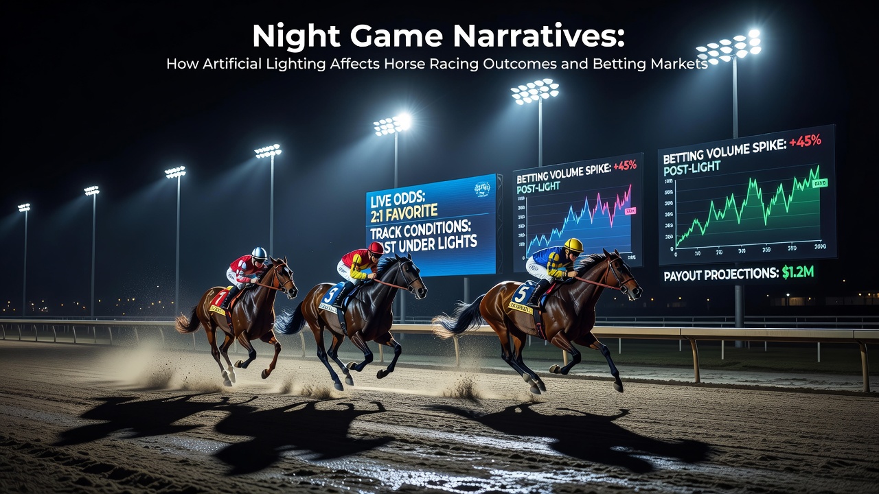 Illuminated horse racing track at night showing artificial lighting systems and runners on the course