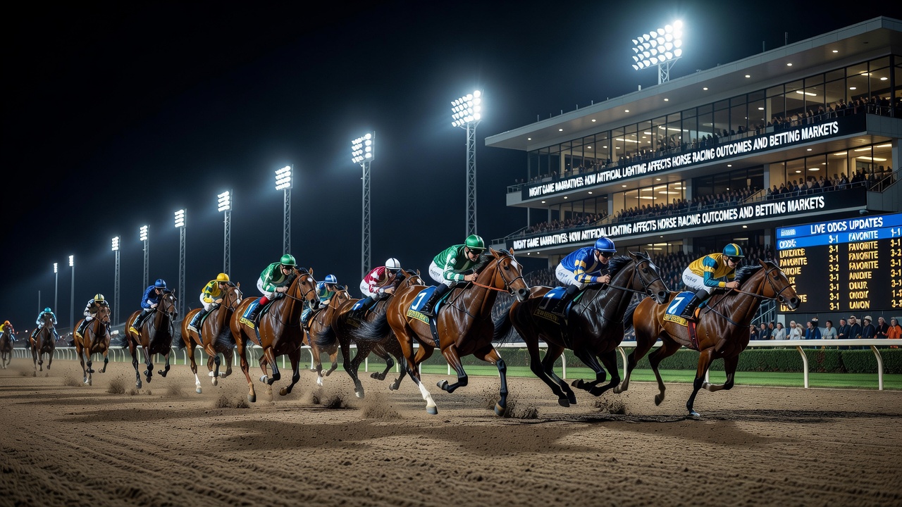 Close-up of horses racing under bright floodlights with visible light beams and track surface reflections