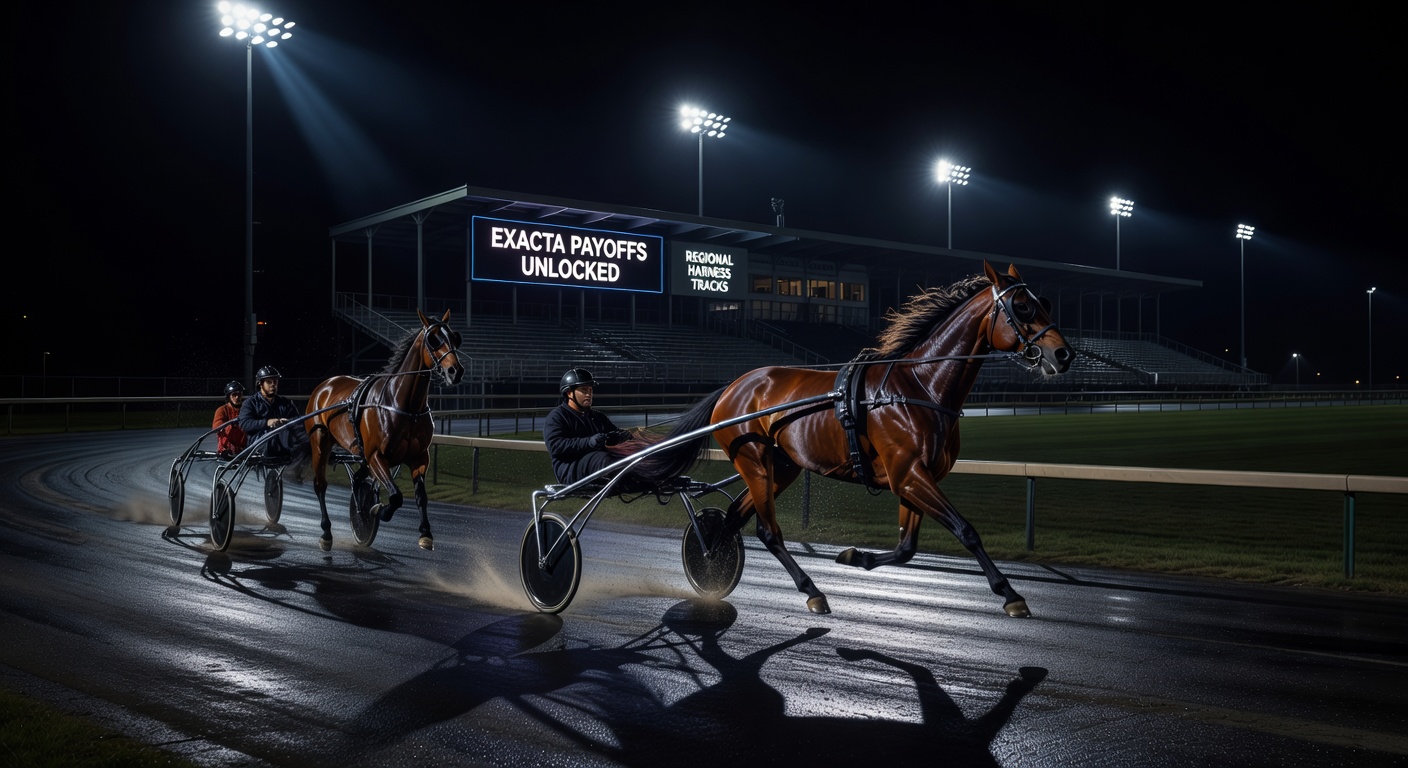 Floodlit harness racing track at night with horses in action under bright lights