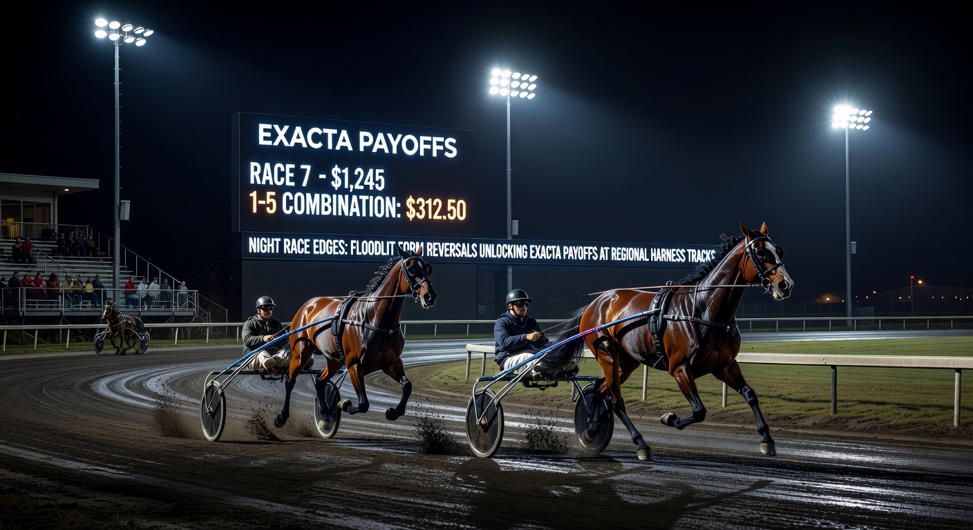 Close-up of harness horses racing under floodlights showing track surface and lighting setup