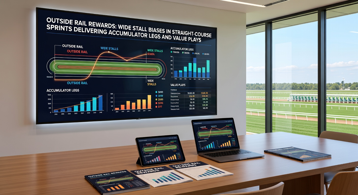 Horses charging down a straight sprint course, with wide-stall runners gaining an edge near the outside rail