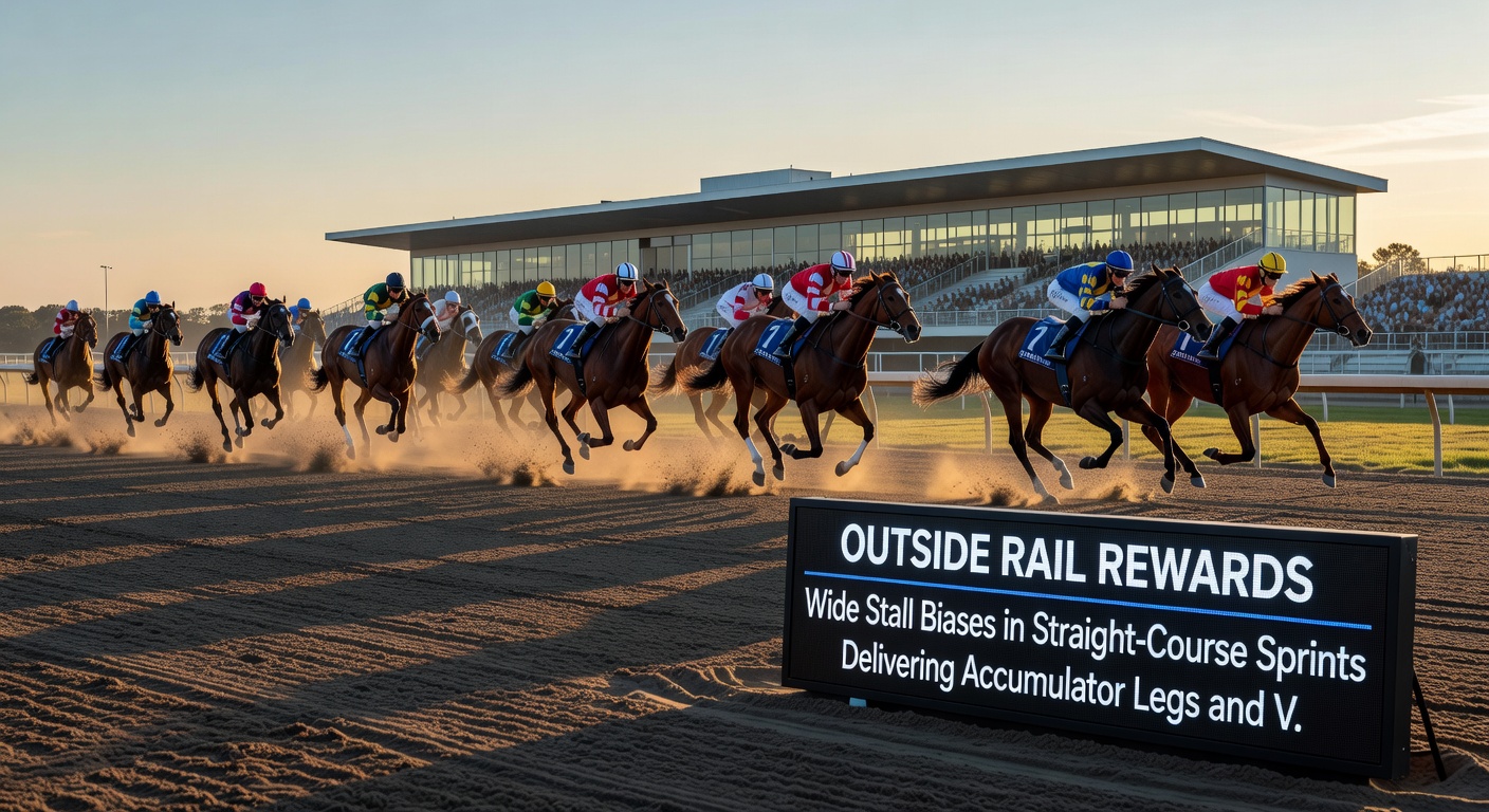 Close-up of a wide-stall horse surging ahead on the outside rail during a straight-course sprint
