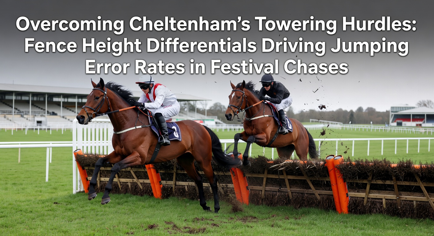Cheltenham Festival chase horses navigating towering fences under sunny skies, highlighting the dramatic height variations that test even seasoned jumpers