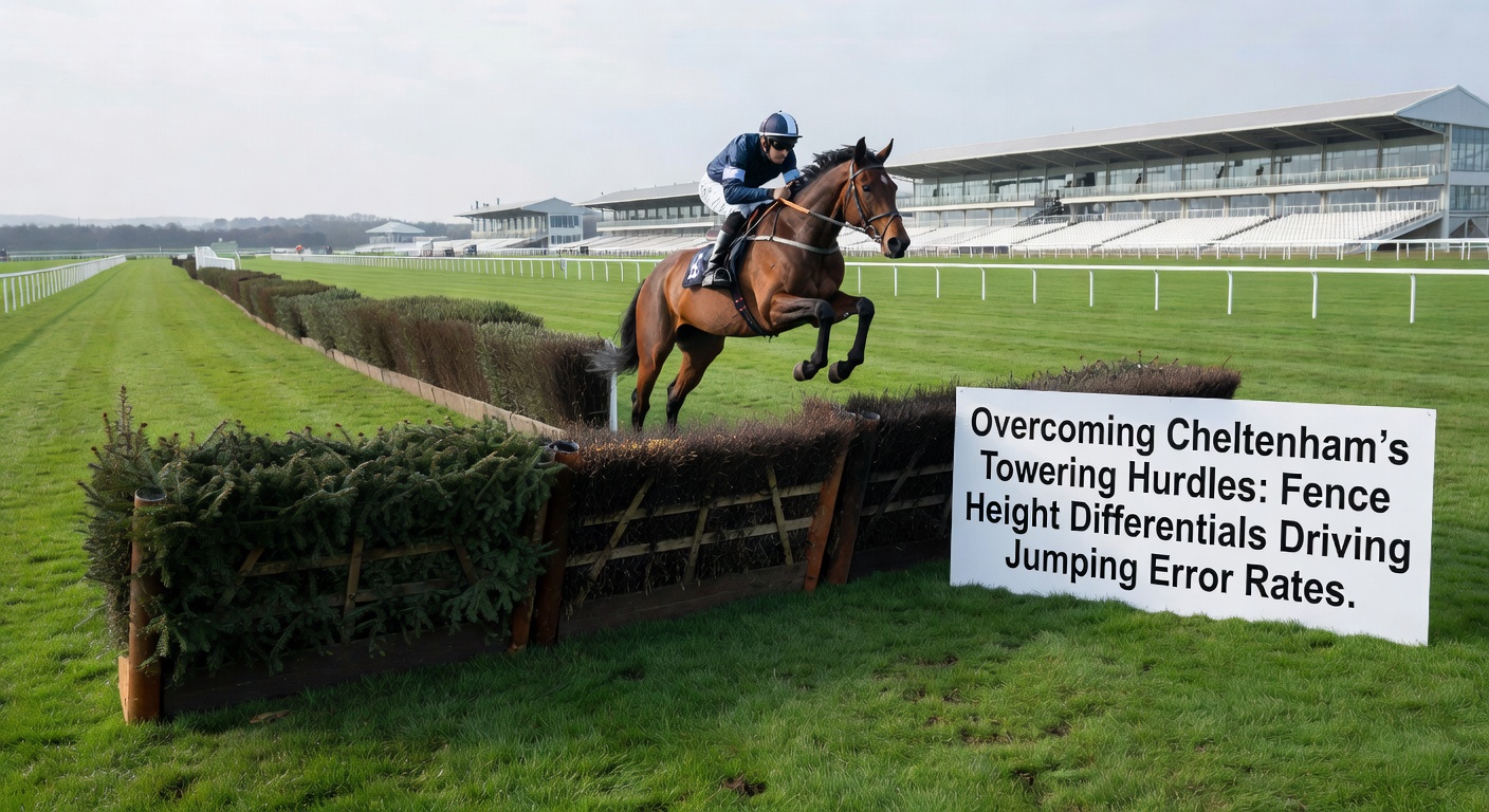 Close-up of a horse mid-jump over a high Cheltenham fence, mist spraying from hooves as it battles height change, captured during a tense Festival chase moment