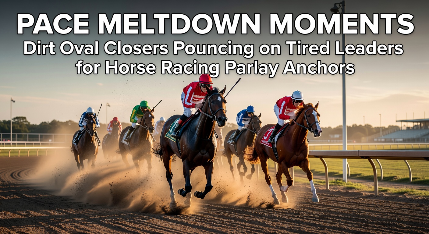 A dirt oval racehorse surging from behind as the leader fades in the stretch, capturing a classic pace meltdown