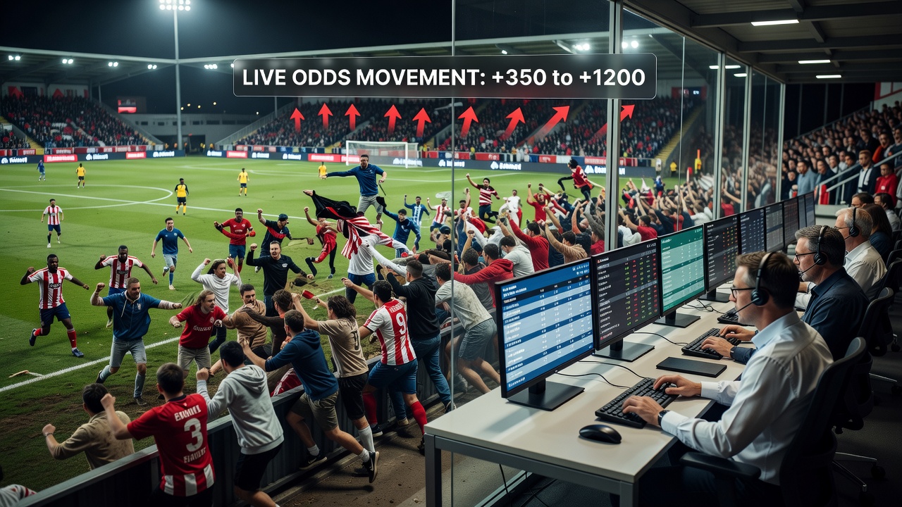 Lower league soccer pitch invasion scene showing fans on the field and stewards managing the situation while live odds adjust