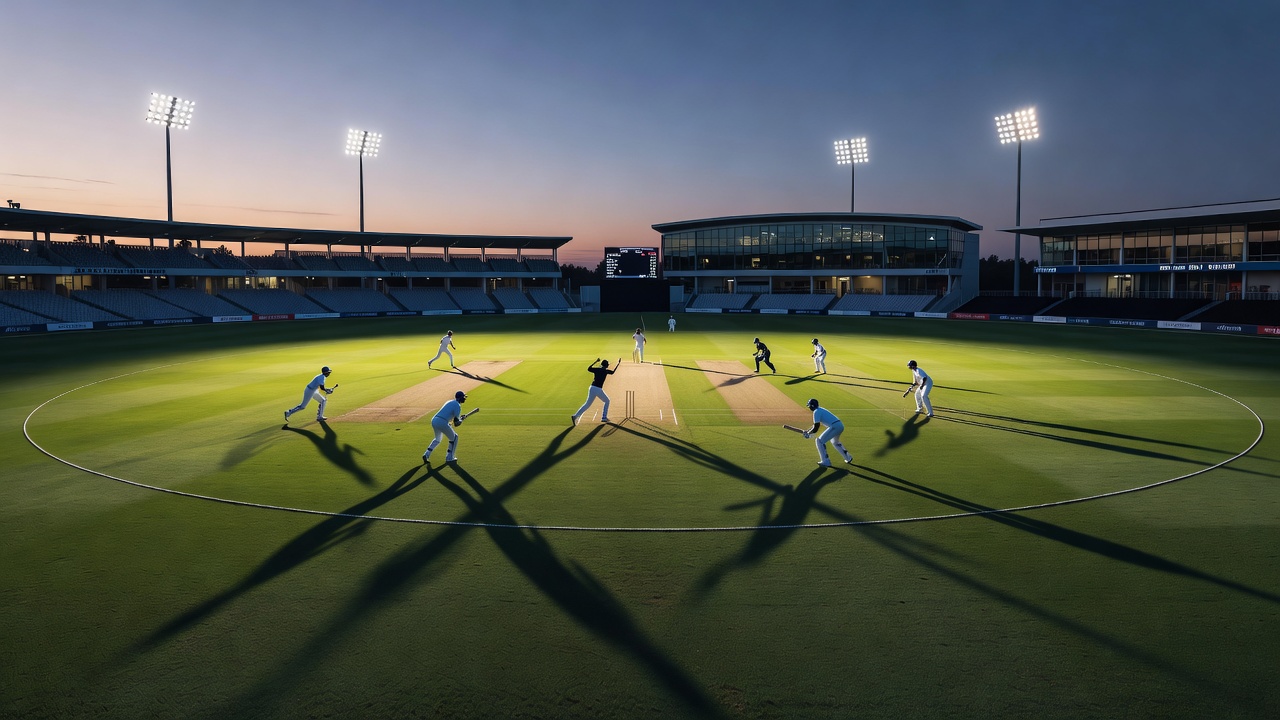 Cricket fielder tracking a ball under fading light with visible pitch shadows