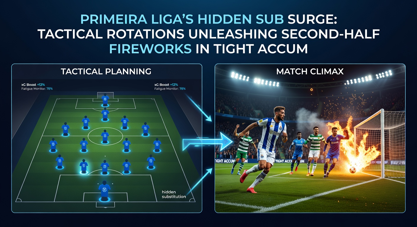 Tactical diagram illustrating Primeira Liga substitution patterns and second-half goal zones overlaid on a pitch map