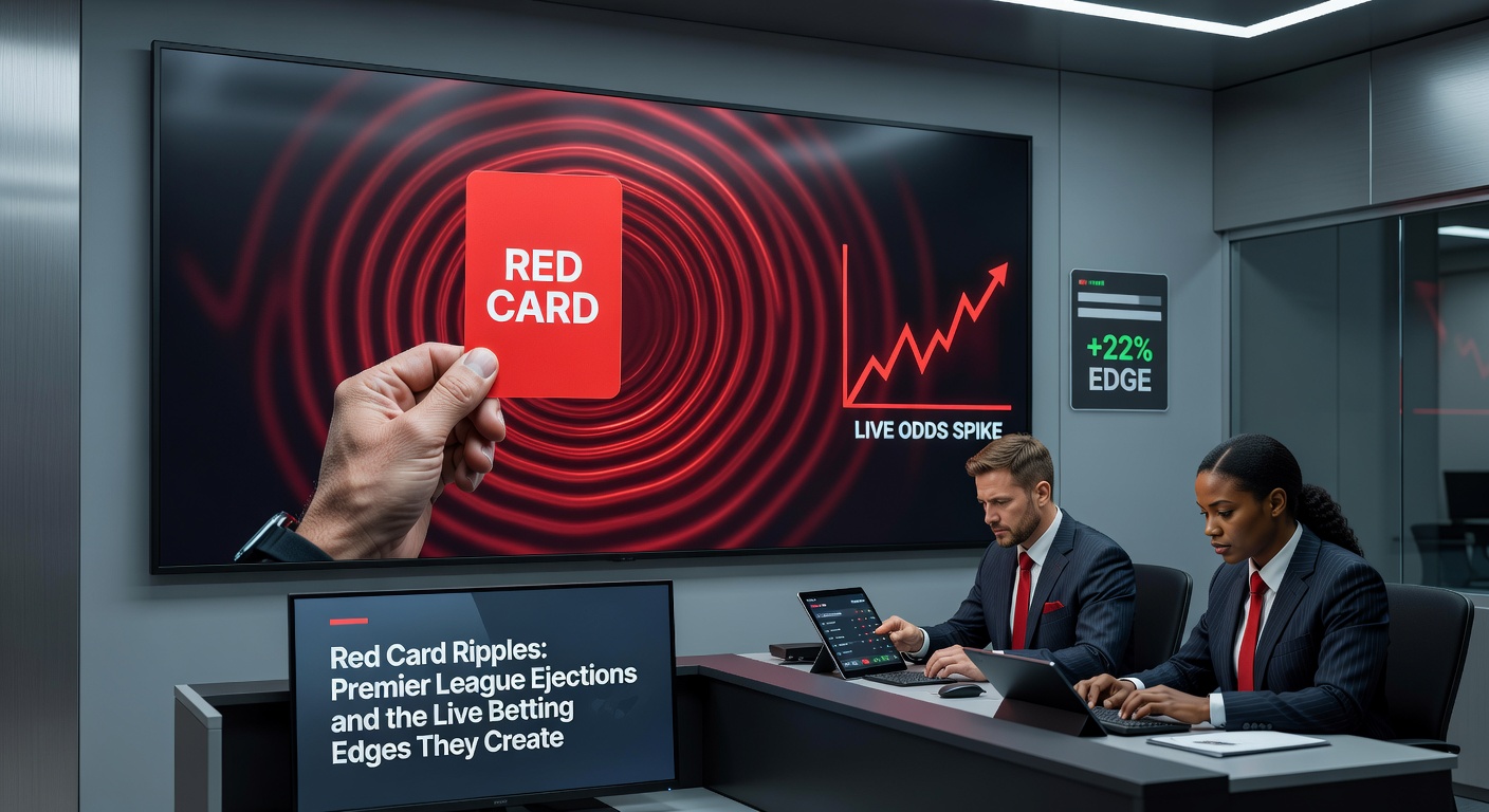 A Premier League player receiving a red card from the referee, crowd reacting in shock during a tense match