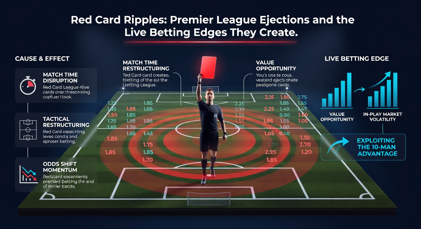 Live betting interface showing dramatic odds changes after a red card in a Premier League fixture, with graphs illustrating market shifts