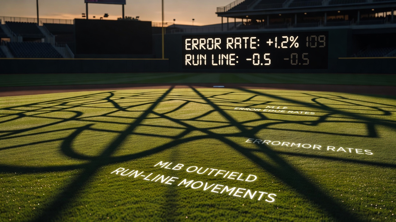 Chart displaying MLB outfield error rates correlated with sunset times across multiple ballparks during the 2026 season