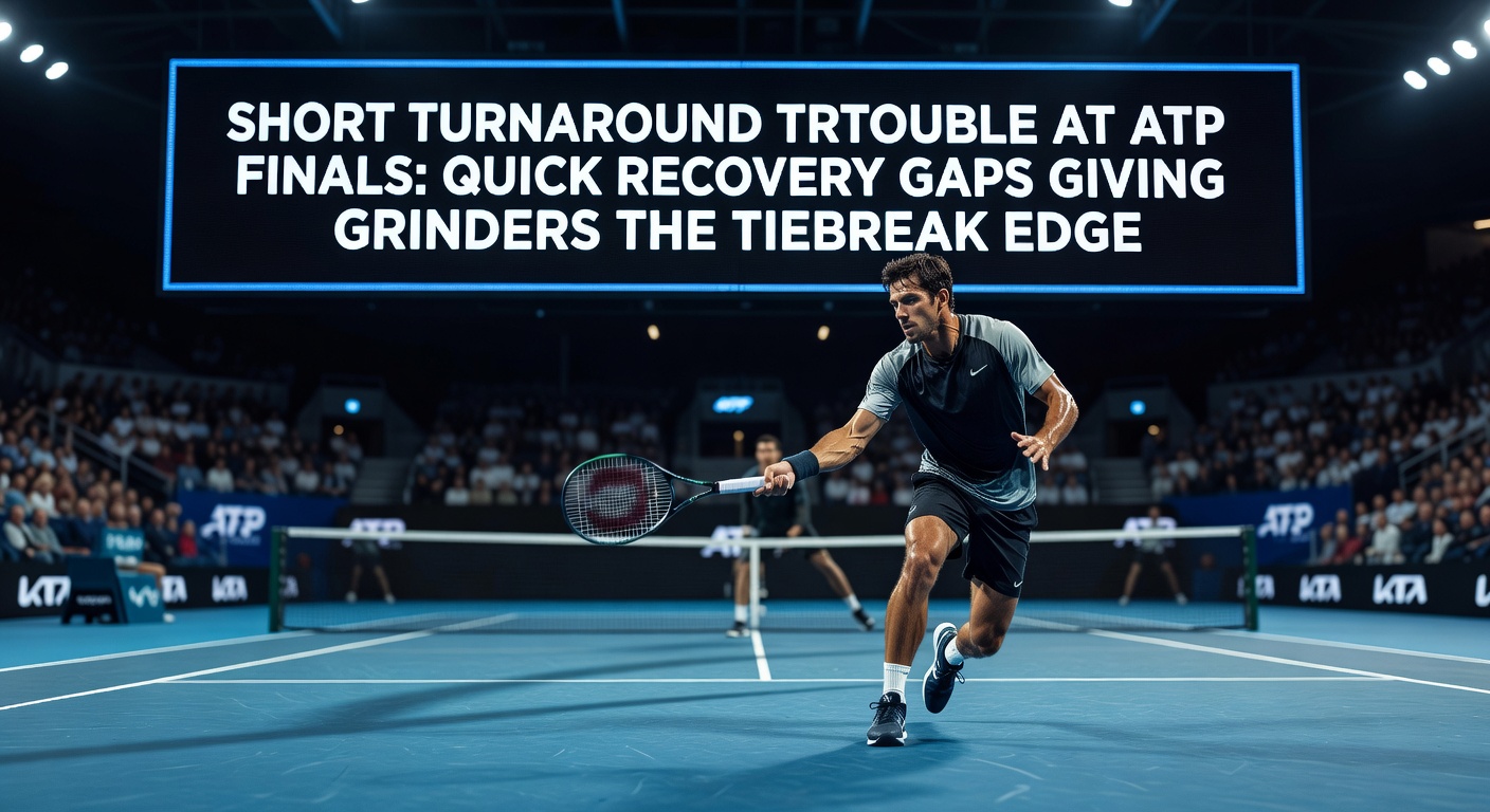 ATP Finals players in intense tiebreak action, highlighting fatigue and endurance battles on court