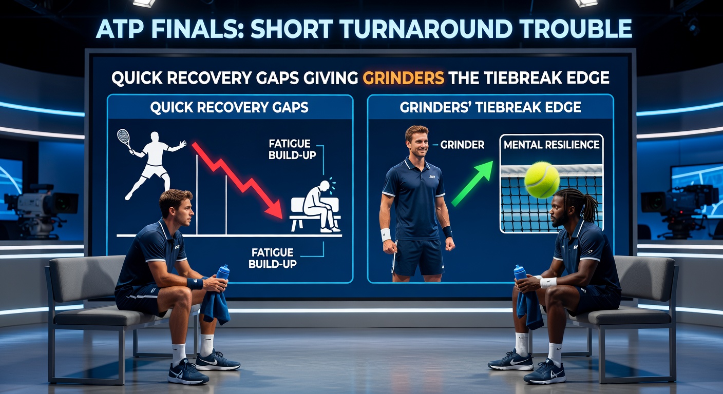 Close-up of a tense ATP Finals tiebreak, with a grinder player locked in a grueling exchange against a fatigued opponent