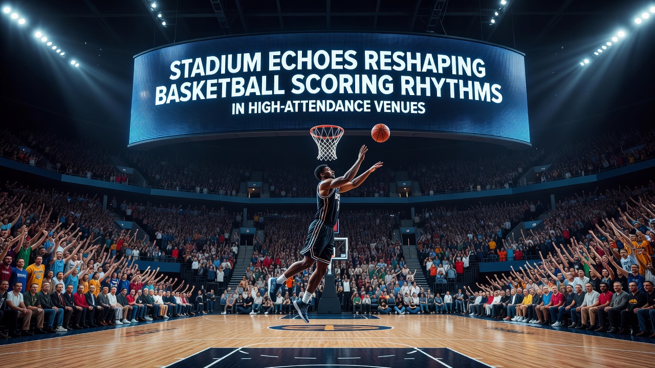 Crowded basketball arena with visible sound waves and cheering fans during a high-attendance game
