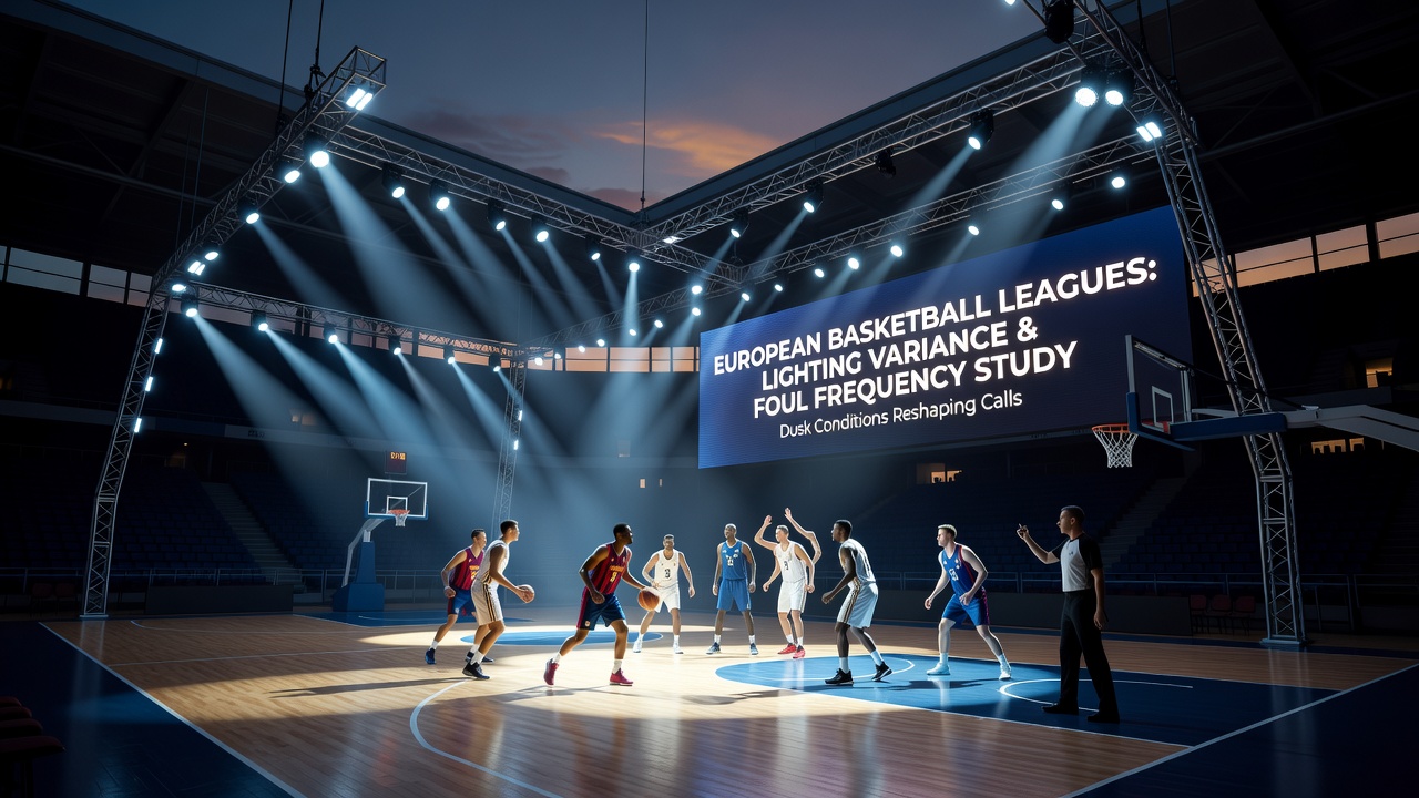 European basketball arena with dusk lighting casting shadows across the court during an evening fixture
