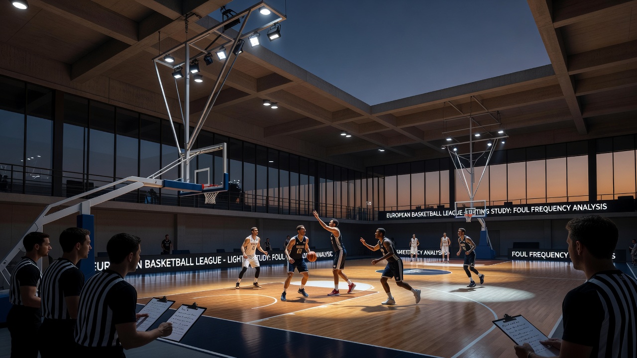 Close-up view of basketball court markings under mixed natural and artificial lighting during dusk