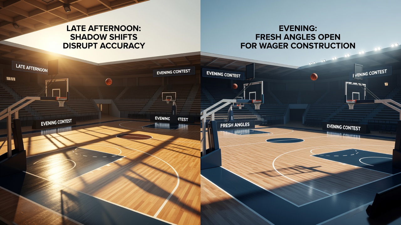 Evening basketball arena with shifting shadows across the court during late-day lighting transition