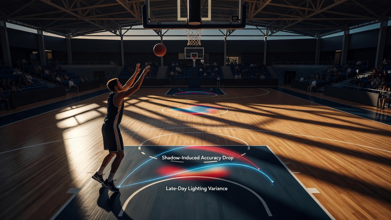 Basketball players adjusting shots under changing stadium lighting conditions with visible shadow lines on the court