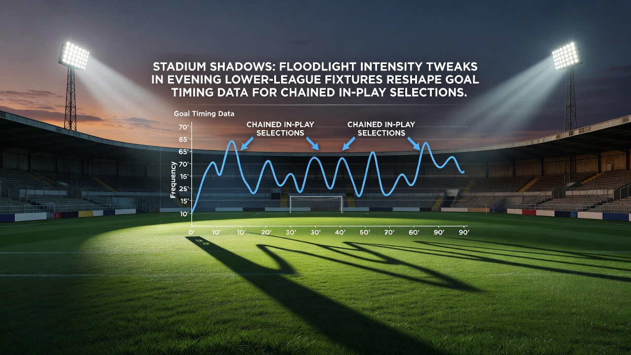 Floodlit lower-league stadium at dusk showing variable lighting across the pitch during an evening fixture