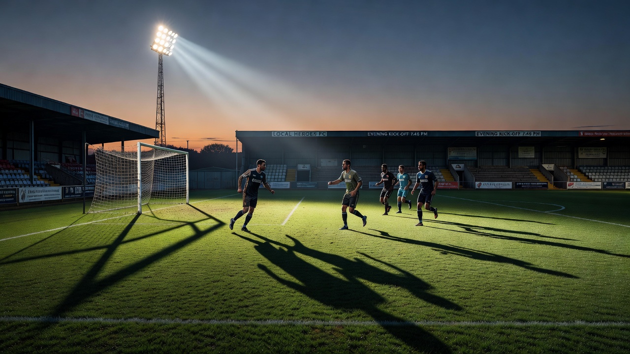 Data visualization overlay on a lower-league pitch highlighting goal timing clusters under varying floodlight conditions