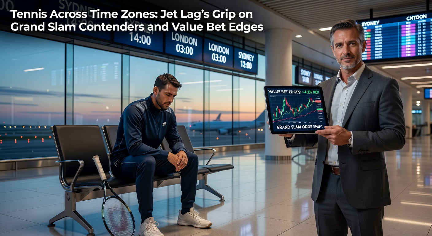 A weary tennis player stretches on a sunlit Grand Slam court, jet lag evident in his posture after crossing multiple time zones